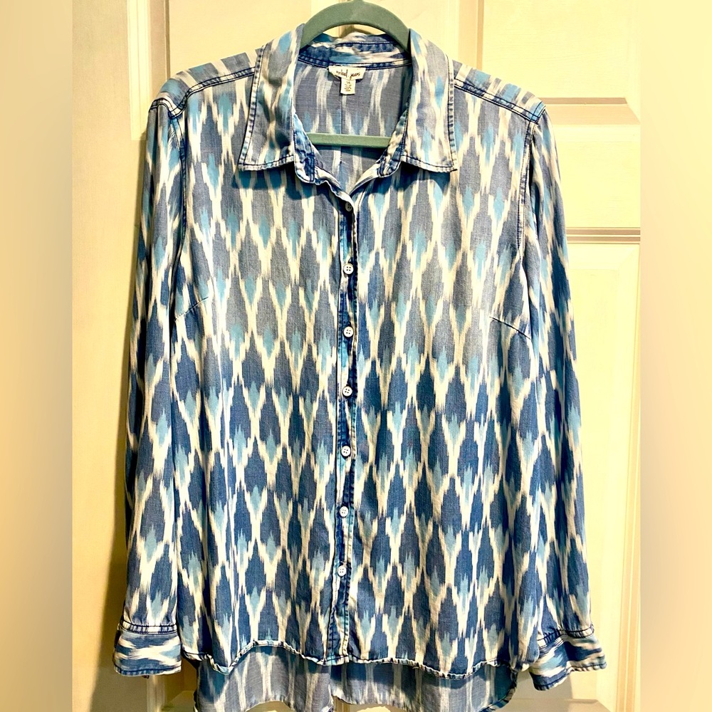 Tribal Jeans Western Blue Denim Design Long Sleeve Button Down Shirt Sz L